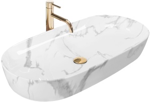 Lavoar De Blat REA CLEO 81 SHINNY MARMO, Dimensiuni 81 X 41 X 13.5 Cm, Design Deosebit, Forma Dreptunghiulara, Ceramica Sanitara, Alb/Gri - Img 1