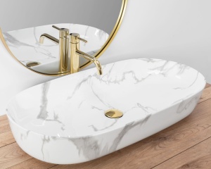 Lavoar De Blat REA CLEO 81 SHINNY MARMO, Dimensiuni 81 X 41 X 13.5 Cm, Design Deosebit, Forma Dreptunghiulara, Ceramica Sanitara, Alb/Gri - Img 2