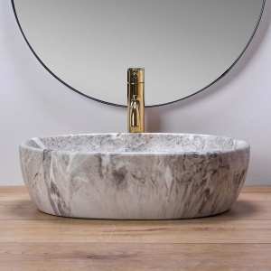 Lavoar de blat REA LARA STONE, 35x 48.5x 13.5 cm, Montaj Pe Blat, Design Deosebit, Forma Rotunda, Ceramica Sanitara, Gri - Img 6