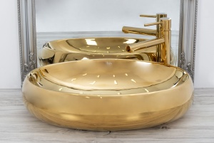 Lavoar De Blat REA MELANIA GOLD, Dimensiuni 60 X 40.5 X 14.5 Cm, Design Deosebit, Forma Ovala, Ceramica Sanitara, Auriu - Img 2