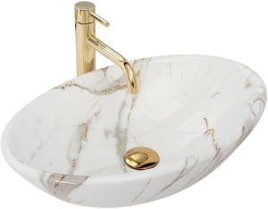 Lavoar de blat REA PAMELA AJAX SHINY, 53x 33x 15 cm, Montaj Pe Blat, Design Deosebit, Forma Rotunda, Ceramica Sanitara, Alb imitatie piatra - Img 1