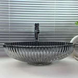 Lavoar oval din sticla cu caneluri Brillant Platinium Black Gloss 51 x 35 cm - Img 4