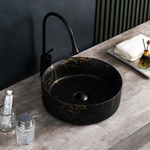 Lavoar pe blat, Lava, marmura ceramica negru cu model auriu, Rotund 36cm - Img 3