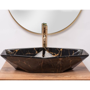 Lavoar REA VEGAS Black Shiny, 57x37x12cm, montaj pe blat, design deosebit, ceramica sanitara, Negru Lucios - Img 3