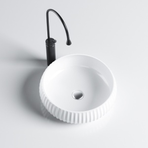 Lavoar rotund cu fixare pe blat alb lucios si caneluri Naomi White Gloss 40 x 15 cm - Img 3