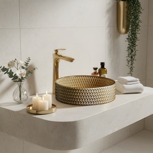Lavoar rotund din sticla frezata cu montaj pe blat Brillant Gold Matt 36 x 12 cm - Img 8