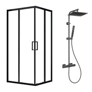 Pachet cabina de dus Mediterraneo Hector, Negru 90x90 cm si coloana de dus Invena Svart Negru
