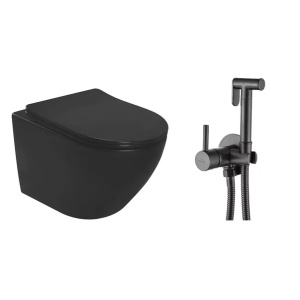Pachet vas wc suspendat Rea Carlo, capac softclose si set dus igiena intima negru cu baterie incastrata Invena Bidetta - Img 1