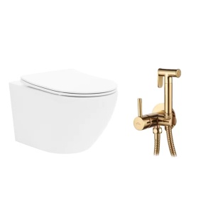 Pachet vas wc suspendat Rea Carlo Mini, capac softclose si set dus igiena intima auriu cu baterie incastrata Invena Bidetta - Img 1