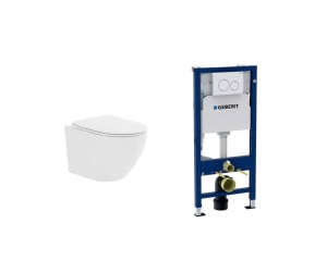 Pachet vas WC suspendat Ricci Tornado Alb cu rezervor Geberit si clapeta alba Delta 20 - Img 3