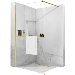 Paravan de dus 100x195 cm tip Walk-in Rea Aero N si etajera cu suport Gold brush