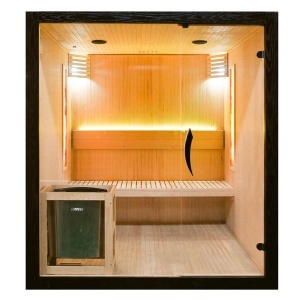 Saună uscată MO-EA4S LUX cu soba Harvia de 8 kW, piatră de sare și izolație de perete 180 x 180 x 200 cm