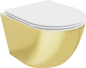 Set Bideu Mex Lenacarlo MINI si Vas Wc Lenacarlo MINI, Montaj Suspendat, Ceramica Sanitara, Capac Slim cu inchidere lenta, Culoare Alb/Auriu - Img 3