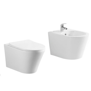 Set Bideu si Vas WC GROHE, montaj suspendat, ceramica sanitara, Vas WC SONATA Clementina RIMLESS +Bideu+Capac Soft-Close SLIM PREMIUM + Cadru+Clapeta - Img 2