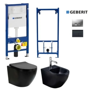 Set bideu si vas WC PRO Geberit, montaj suspendat, vas WC Fluminia Ricci Tornado, negru mat, capac soft-close + Bideu + Cadru + Clapeta