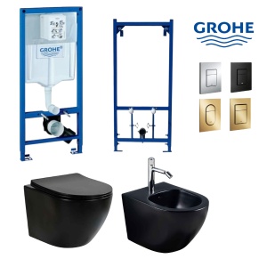 Set Bideu și Vas WC PRO Grohe, montaj suspendat, Vas WC Fluminia Ricci Tornado, negru mat, capac soft-close + Bideu + Cadru + Clapetă