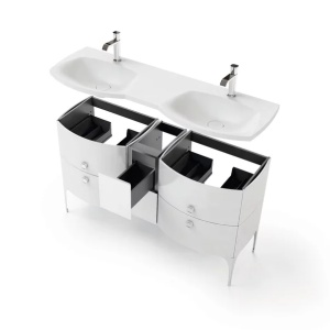 Set mobilier baie suspendat Oristo Louis negru 4 sertare cu lavoar dublu alb mat 144 cm - Img 4
