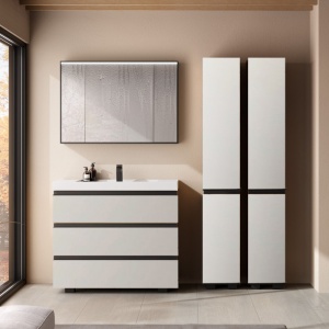 Set mobilier de baie stativ cu lavoar Kolpasan Harmony 100 cm 3 sertare gri deschis - Img 2