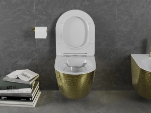 Set Vas Wc PRO Lenacarlo Auriu/Alb, model tip solzi , Tehnologie Rimless, Capac slim cu inchidere lenta - Img 3