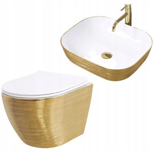 Set Vas WC REA CARLO BRUSH GOLD Si Lavoar REA FLORIA GOLD,Lavoar 465 X 330 X 135 mm,WC Suspendat 490 X 370 X 330 mm,Capac Soft-Close Inclus,Auriu/Alb
