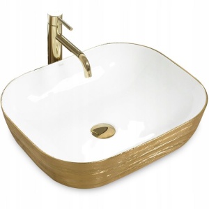 Set Vas WC REA CARLO BRUSH GOLD Si Lavoar REA FLORIA GOLD,Lavoar 465 X 330 X 135 mm,WC Suspendat 490 X 370 X 330 mm,Capac Soft-Close Inclus,Auriu/Alb - Img 4