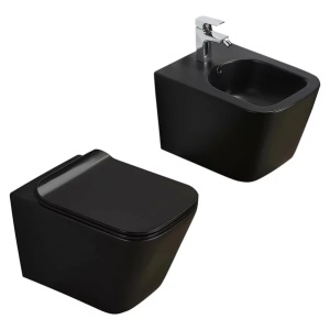 Set vas wc rimless suspendat Fluminia Paris cu capac softclose negru mat + bideu suspendat Fluminia Paris negru mat - Img 1