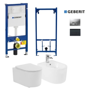 Set Vas WC si bideu PRO Geberit, montaj suspendat, vas WC Fluminia Roco + Bideu + Cadru + Clapeta