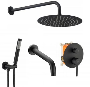 Sistem Complet De Dus REA LUNGO BOX, Montaj In Perete, Para Rotunda Tip Ploaie 25x25 Cm, 2 Functii De Curgere A Apei, Finisaj Negru Mat - Img 1
