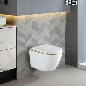 Vas WC suspendat Mizu Tornado White&Gold 02, rimless, capac din duroplast cu softclose - Img 2