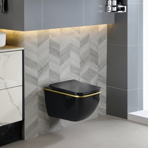 Vas WC suspendat Yuzu Tornado Black Glossy & Gold, rimless cu capac softclose - Img 2