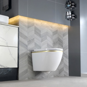 Vase de toaleta suspendat Peak White&Gold, rimless cu capac softclose - Img 3