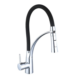 Baterie de bucatarie monocomanda cu montaj pe blat F1505 baza cromata gat negru si extensibil