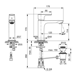 Baterie lavoar tip Grande Ideal Standard Connect Air argintiu Silver Storm cu ventil metalic - Img 5