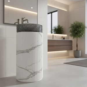 Baza chiuveta rotunda tip piedestal din marmura ceramica Turn alb-gri H74 x Ø40 cm - Img 10