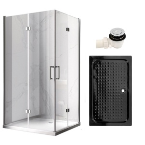 Cabina de dus dreptunghiulara din sticla securizata cu rame cromate si cadita neagra antialunecare KZ12B-SXL03C 100 x 80 cm