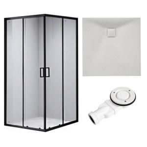 Cabina de dus patrata din sticla securizata cu rame negre si cadita de dus slim alba BL30B/JUKO 90 x 90 cm