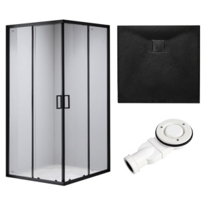Cabina de dus patrata din sticla securizata cu rame negre si cadita slim neagra BL30B-RIKO 90 x 90 cm