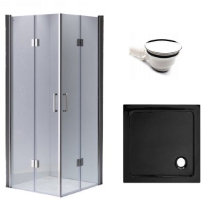 Cabina de dus Patrata KZ1290B, Dimensiune 90x90cm, Culoare Crom+Cadita de dus ST02B neagra - Img 1