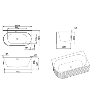 Cada de baie suport RIO 504D, Dimensiuni 140x75cm/Dreapta, Culoare Alb, Deversor Crom - Img 6