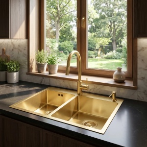 Chiuveta bucatarie cu doua cuve inox Toby Brush Gold - Img 3