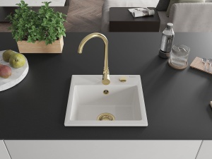 Chiuveta bucatarie din granit, culoare alba cu sifon auriu, dimensiune 435x410cm - Img 2