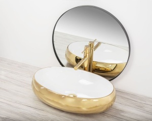 Chiuveta De Blat REA MELANIA WHITE / GOLD, Dimensiuni 60 X 40.5 X 14.5 Cm, Design Deosebit, Forma Ovala, Ceramica Sanitara, Alb/Auriu - Img 5