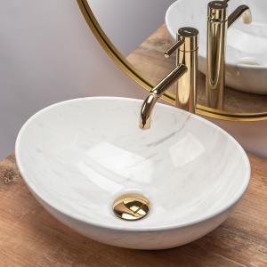 Chiuveta De Blat REA SOFIA CALALA, Dimensiuni 41 X 33.5 X 15 Cm, Montaj Pe Blat, Design Deosebit, Forma Ovala, Ceramica Sanitara, Alb / Gri - Img 2