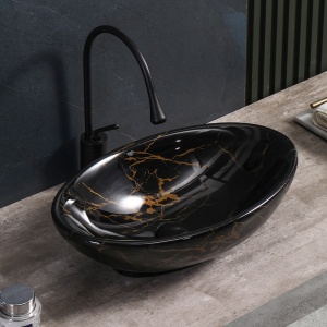 Chiuveta lavoar oval cu montaj pe blat, din ceramica,Lumo Black Marble Gloss 53 x 33 cm - Img 4
