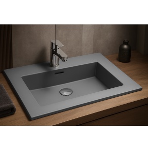 Lavoar baie incastrat din conglemerat, cu gaura baterie, gri mat, Veldman Lotus 60 x 46 cm - Img 3