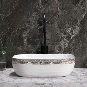 Lavoar ceramic dreptunghiular alb cu decoratiuni gri-aurii si montaj pe blat Milo White Gloss 45 x 32 cm - Img 4
