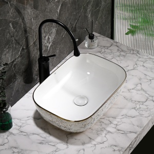 Lavoar ceramic dreptunghiular alb cu detalii florale aurii Milo White Gloss 45 x 32 cm - Img 8