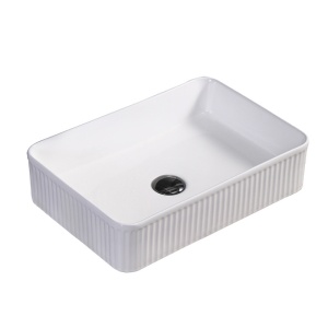 Lavoar ceramic dreptunghiular cu caneluri si cu fixare pe blat Aura White Gloss 50 x 34 cm - Img 8
