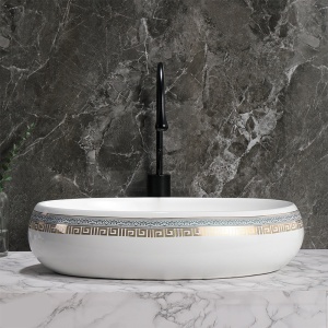 Lavoar ceramic oval alb cu decoratiune aurie Cari 60 x 40 cm - Img 9