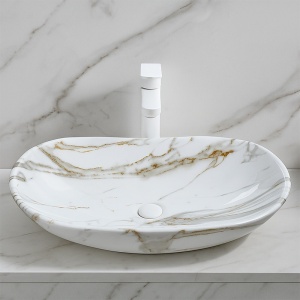 Lavoar ceramic oval alb marmorat cu montaj pe blat Lavi White Gloss 62 x 36 cm - Img 10